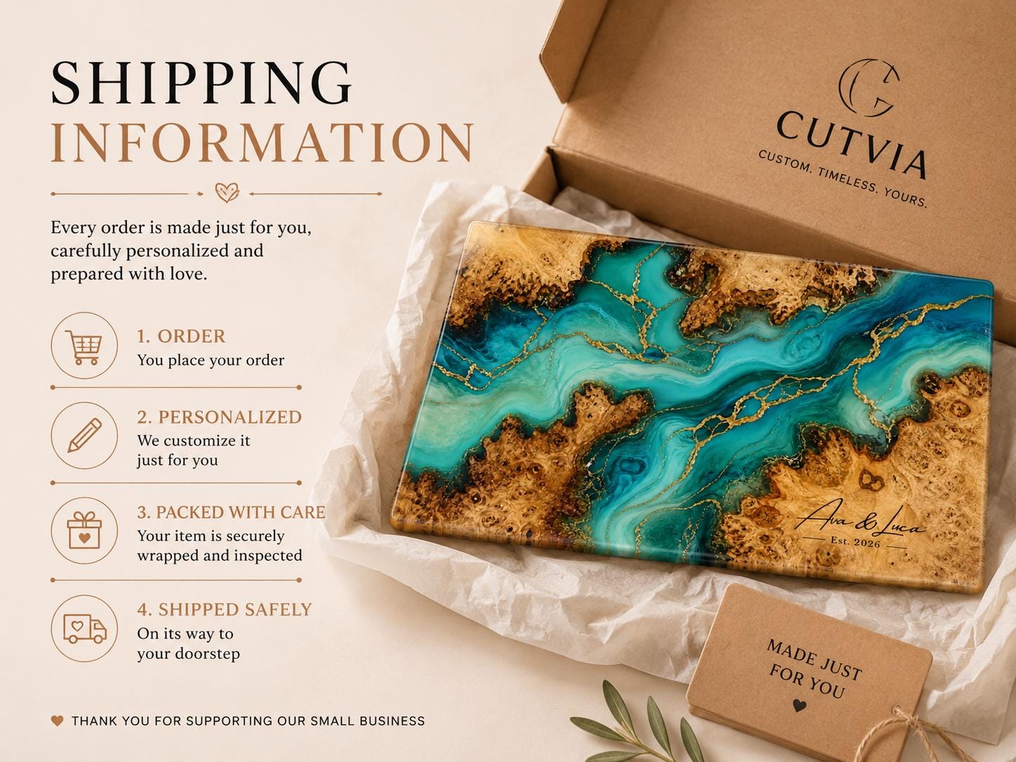 Custom Serving Board, Teal Gold Charcuterie Board, Personalized Kitchen Gift for Couple