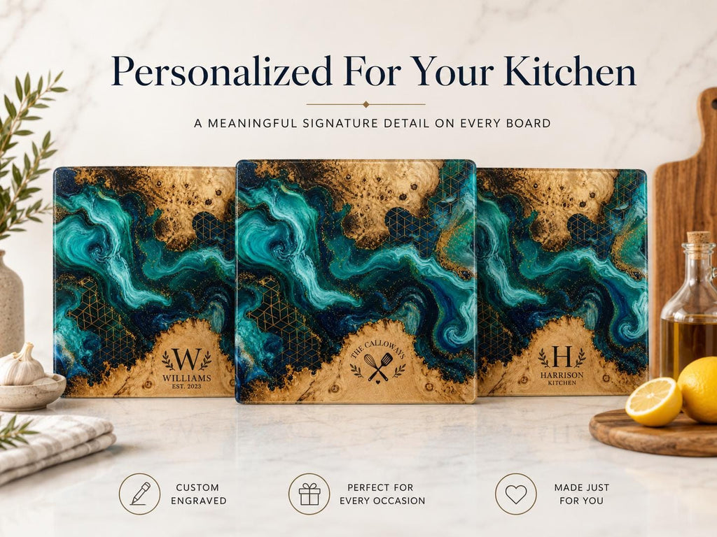 Personalized Glass Cutting Board - Blue Resin Style with Gold Details
