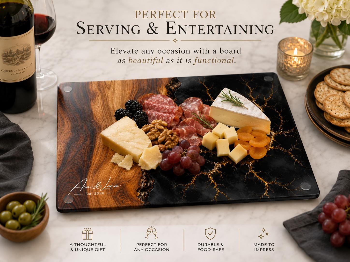 Personalized Glass Cutting Board, Purple Geode, Gold Accents (2 Sizes)