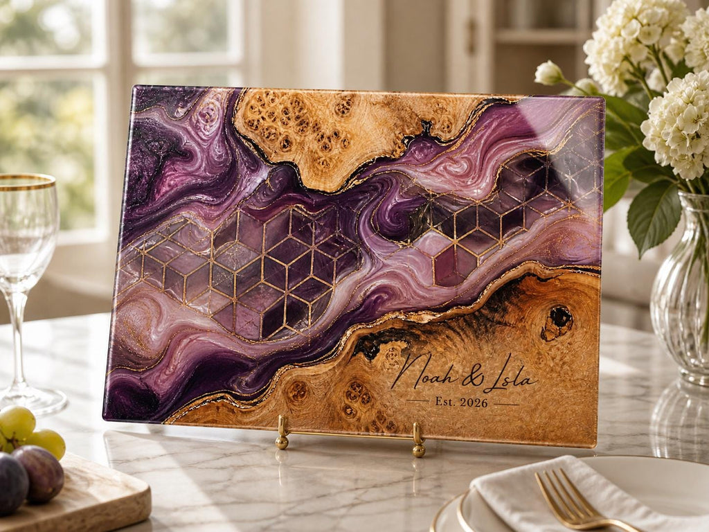Personalized Glass Cutting Board, Purple Geode Kitchen Decor, Custom Couple Name Board, Wedding or Anniversary Gift
