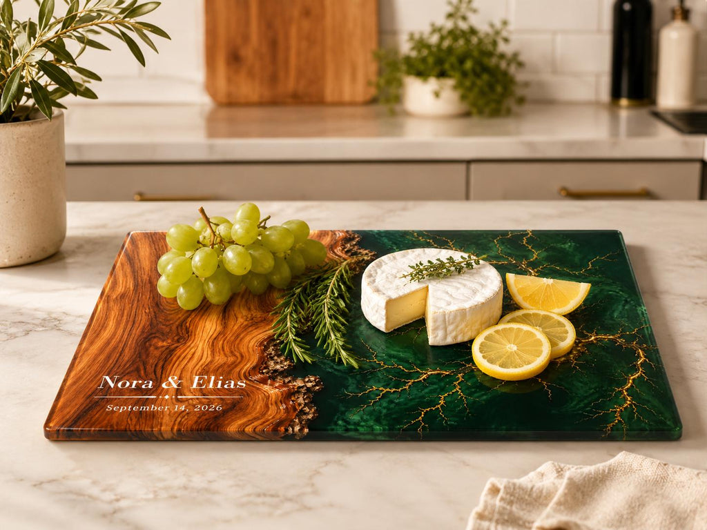 Personalized Wedding Charcuterie Board, Emerald Green Glass Serving Board, Custom Couple Cheese Board Gift