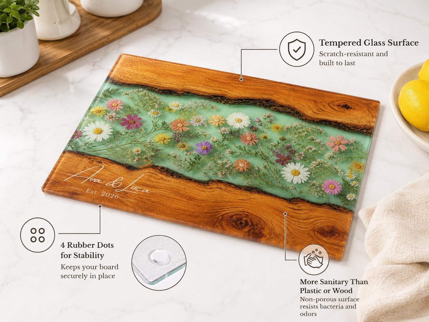 Custom Chopping Board with Names, Mint Floral Glass Cutting Board, Personalized Kitchen Gift