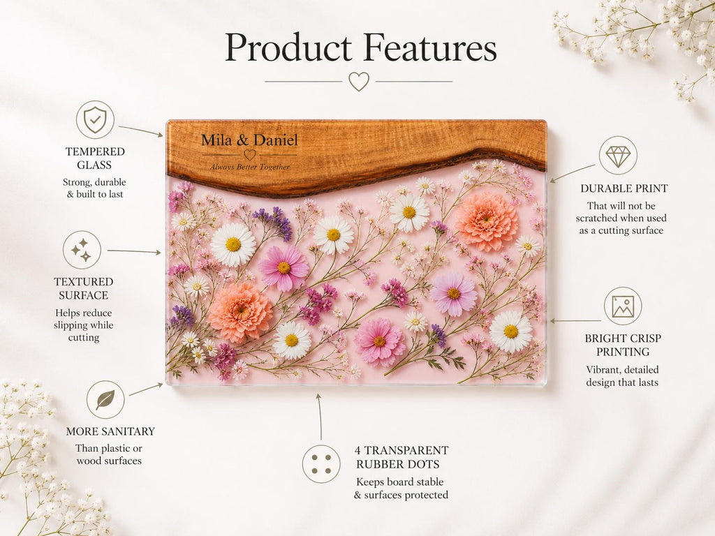 Personalized Floral Charcuterie Board, Pink Glass Serving Board, Custom Couple Cheese Board Gift