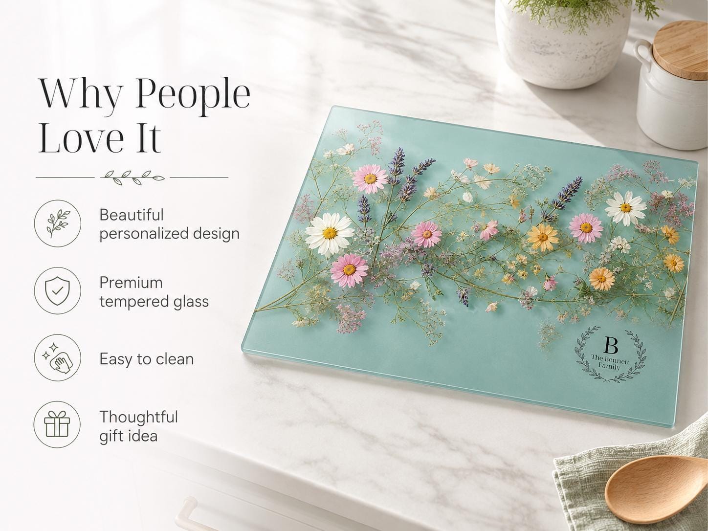 Personalized Glass Cutting Board: Blue Resin Look with Gold Accents