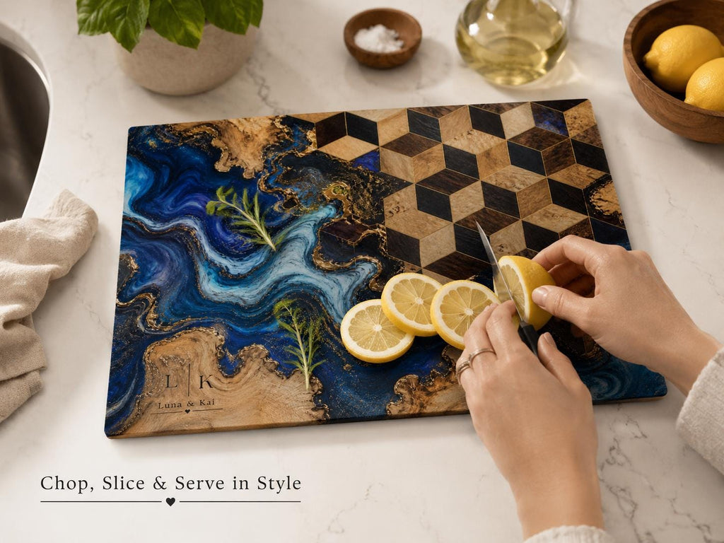 Personalized Glass Cutting Board, Blue Resin & Wood Design (8x11 or 11x15)