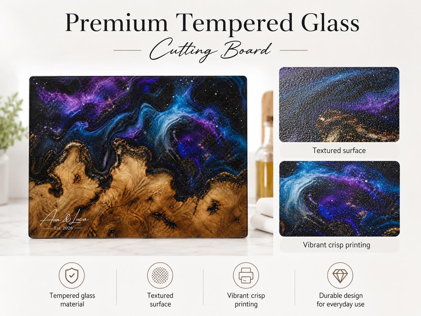 Custom Glass Cutting Board: Purple Geode Style - Personalized Names