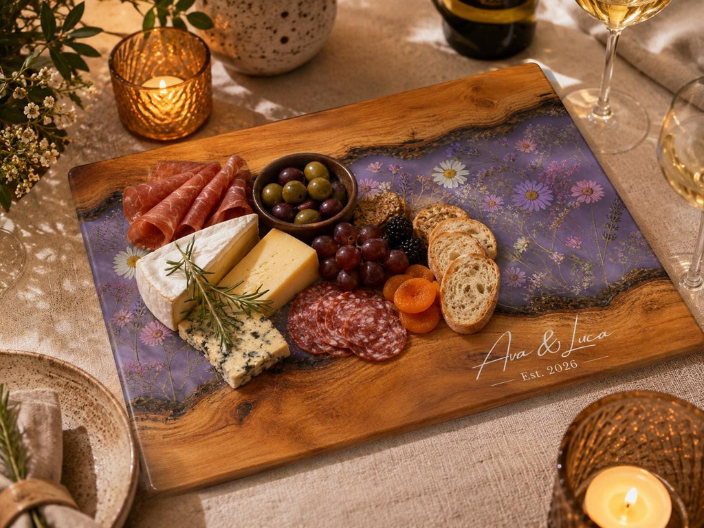 Glass Charcuterie Board - Custom Names, Blue and Wood Grain Design
