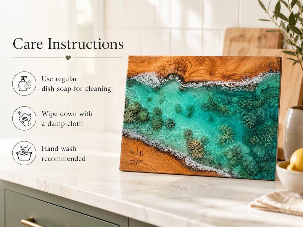 Personalized Glass Cutting Board: Blue Resin Look, Custom Names