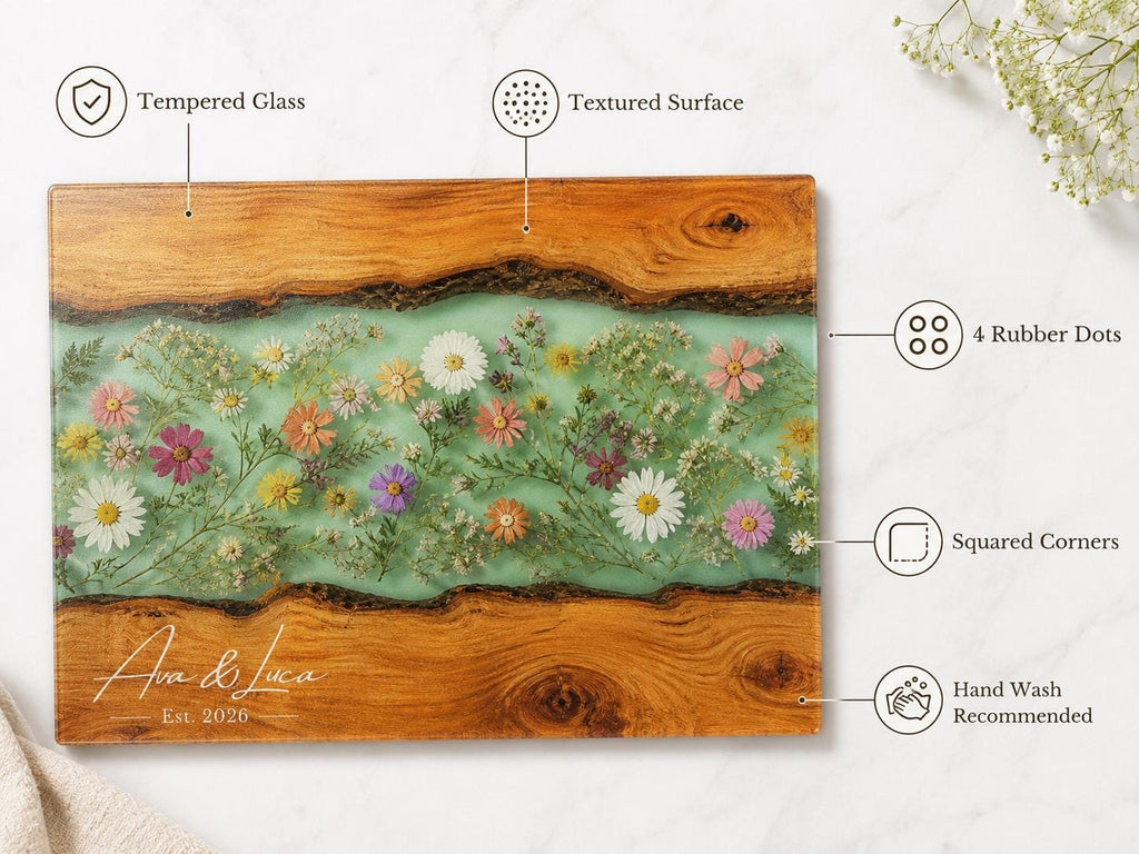 Custom Chopping Board with Names, Mint Floral Glass Cutting Board, Personalized Kitchen Gift