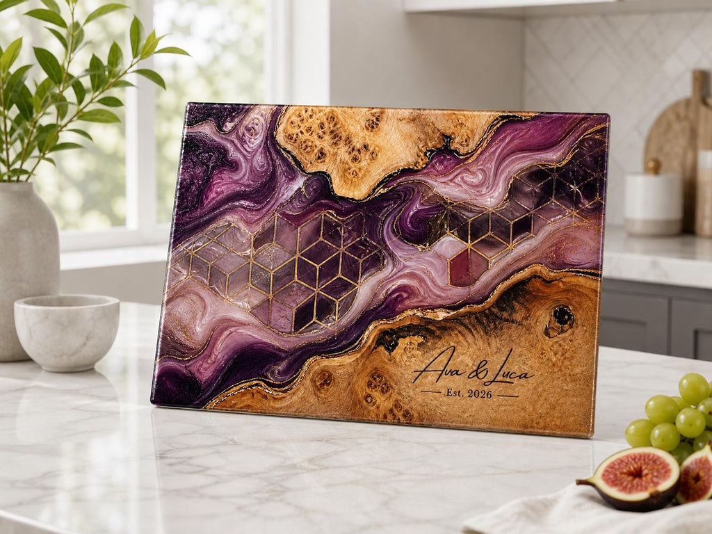 Personalized Glass Cutting Board, Purple Geode Kitchen Decor, Custom Couple Name Board, Wedding or Anniversary Gift