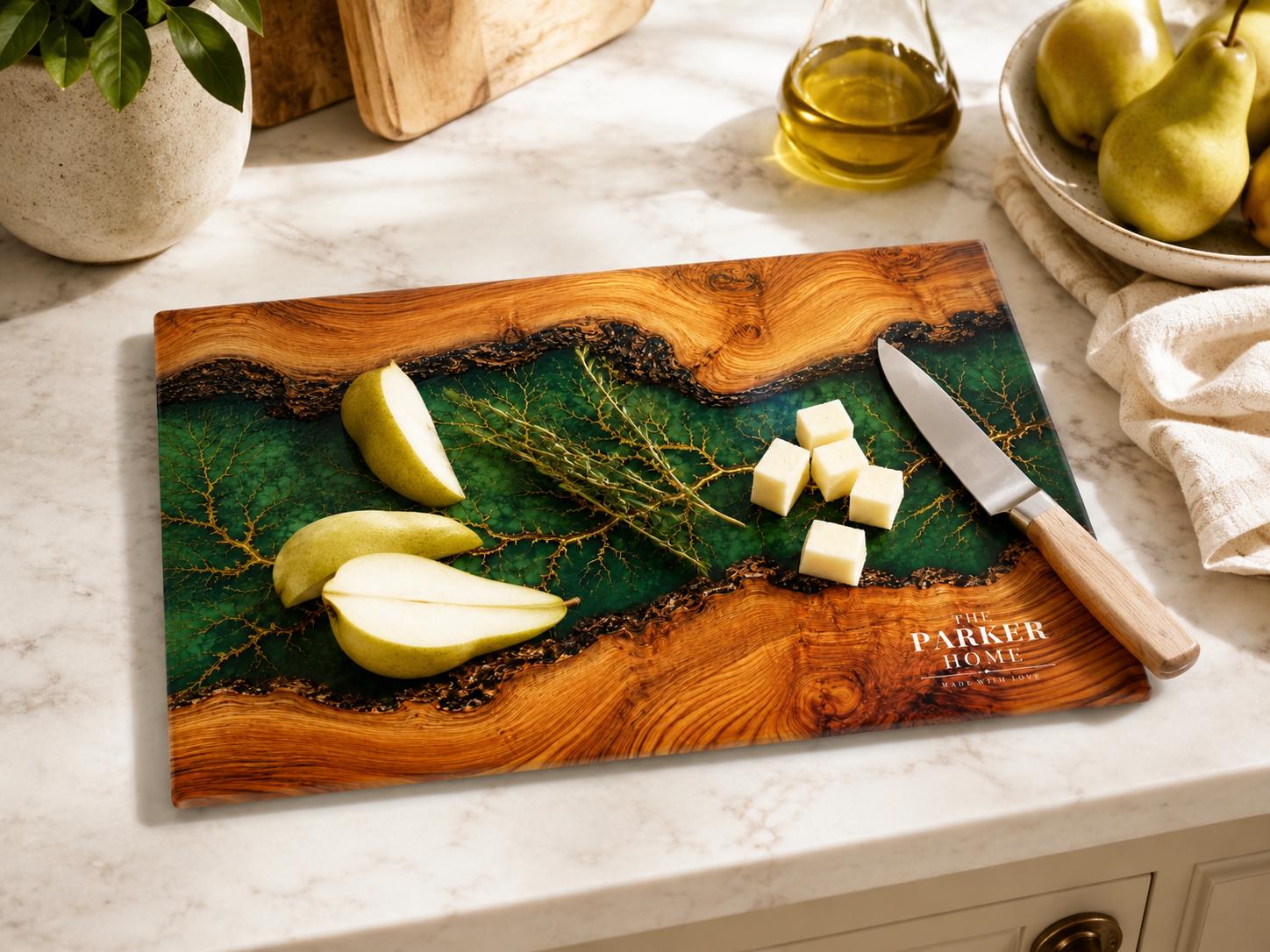 Personalized Emerald Geode Glass Board, Custom Family Kitchen Decor, Wood Look Housewarming Gift