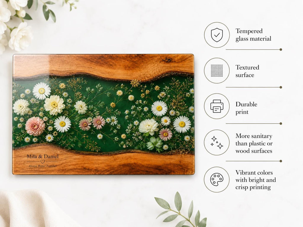 Personalized Floral Cutting Board, Green Daisy Glass Board, Custom Couple Kitchen Gift