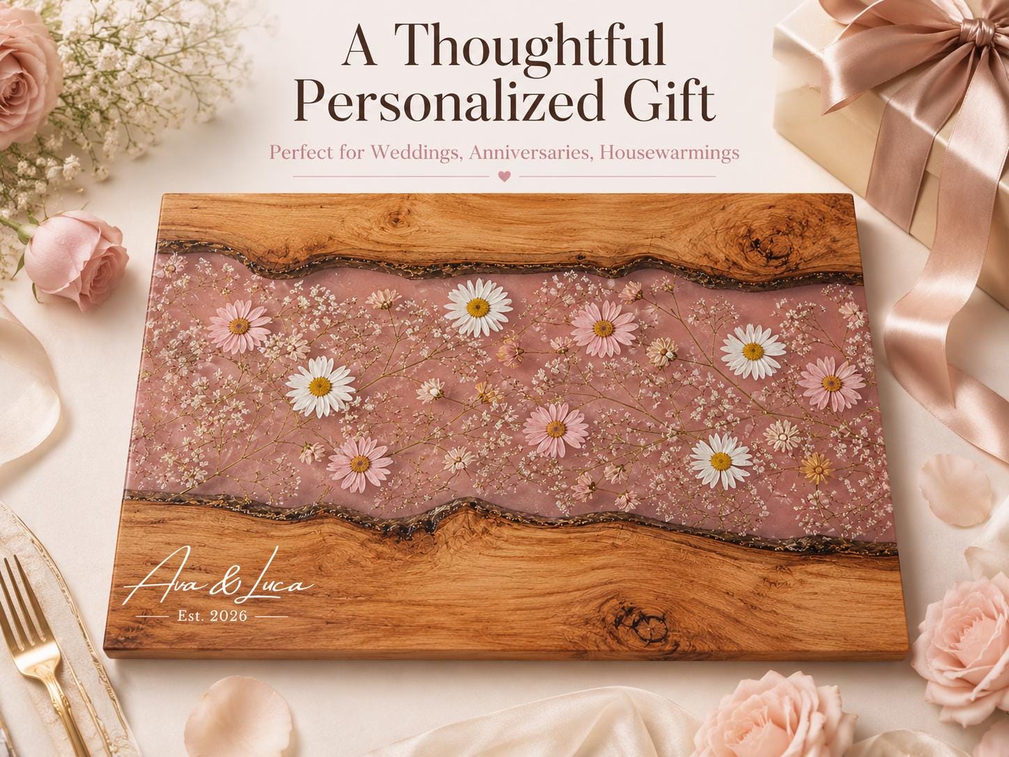 Custom Cutting Board: Blue Resin Style - Tempered Glass, Personalized Names