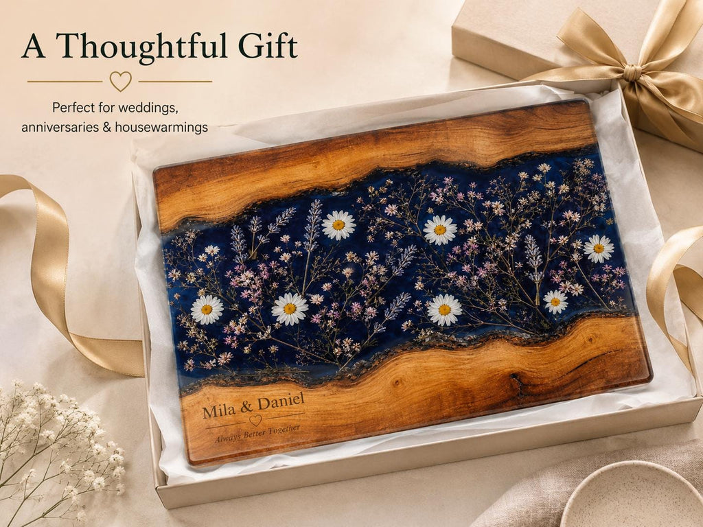 Personalized Glass Cutting Board: Blue Resin Look with Gold Accents