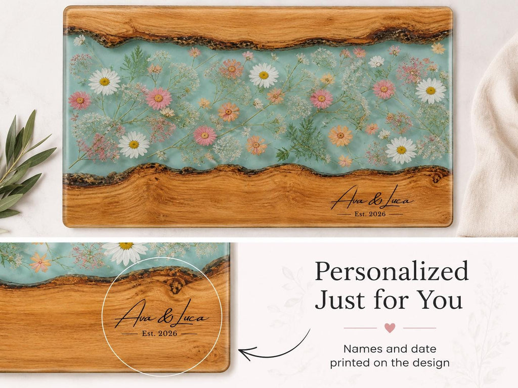 Personalized Glass Cutting Board: Blue Resin Look with Gold Accents