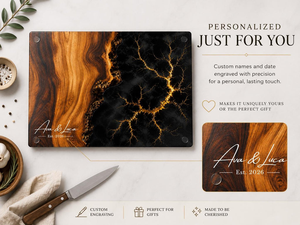 Personalized Glass Cutting Board, Purple Geode, Gold Accents (2 Sizes)