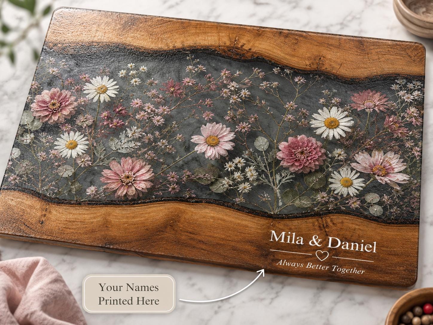 Personalized Floral Cutting Board, Dark Wildflower Glass Board, Custom Couple Kitchen Gift