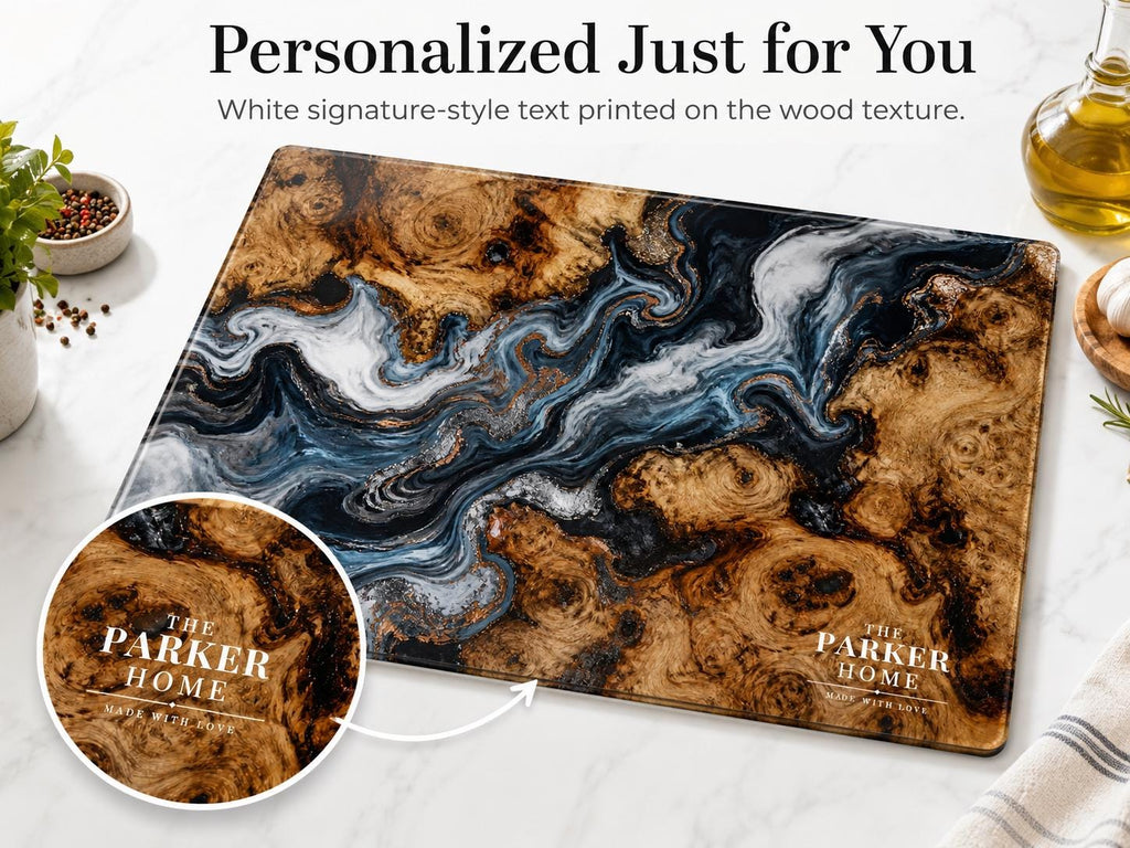 Personalized Glass Cutting Board: Blue Resin Look with Gold Accents