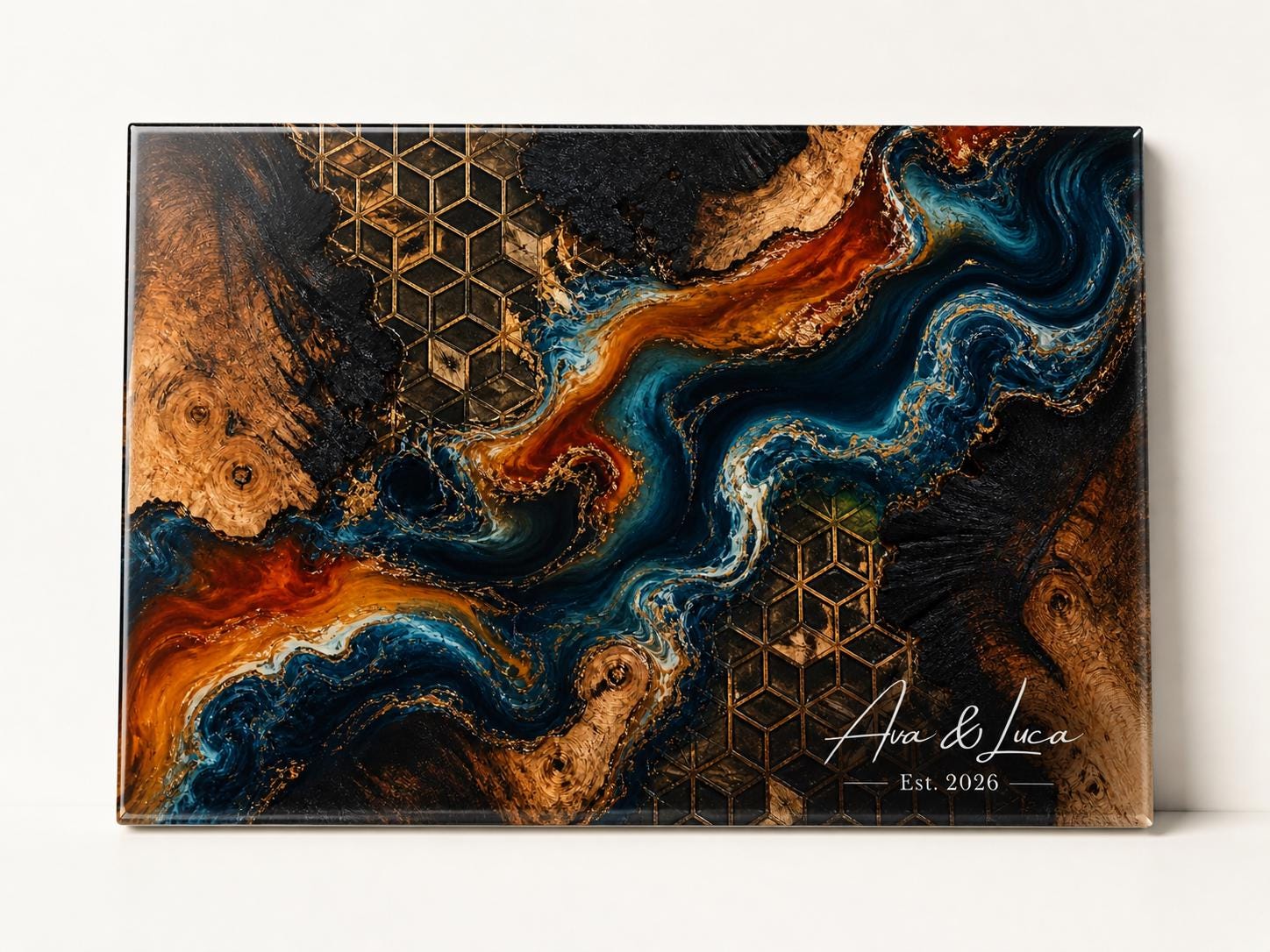Personalized Glass Charcuterie Board, Dark Teal Geode Serving Board, Custom Couple Name Cutting Board, Wedding Gift