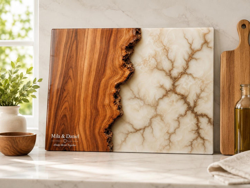 Custom Glass Cutting Board - Purple Geode Design with Gold Accents
