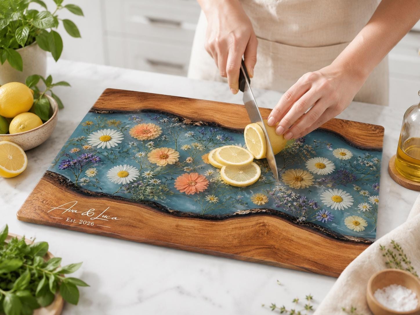 Personalized Floral Cutting Board, Botanical Charcuterie Board, Spring Kitchen Gift, Custom Couples Names Cutting Board