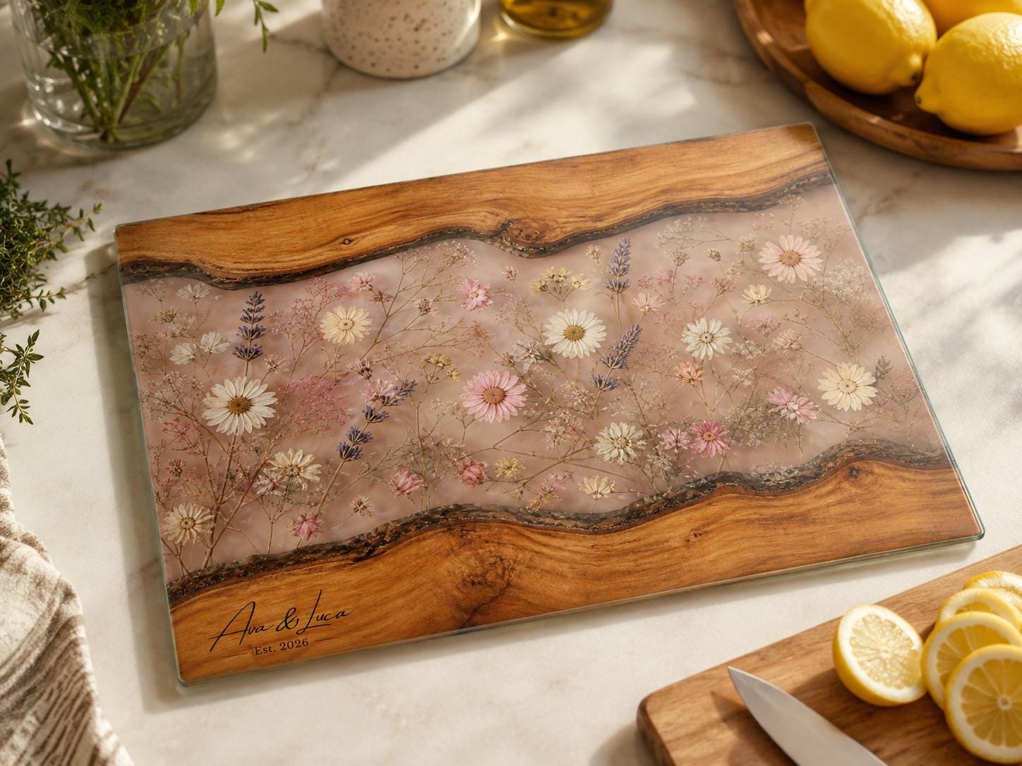 Glass Cutting Board: Custom Blue Resin Design (Personalized Kitchen Decor)