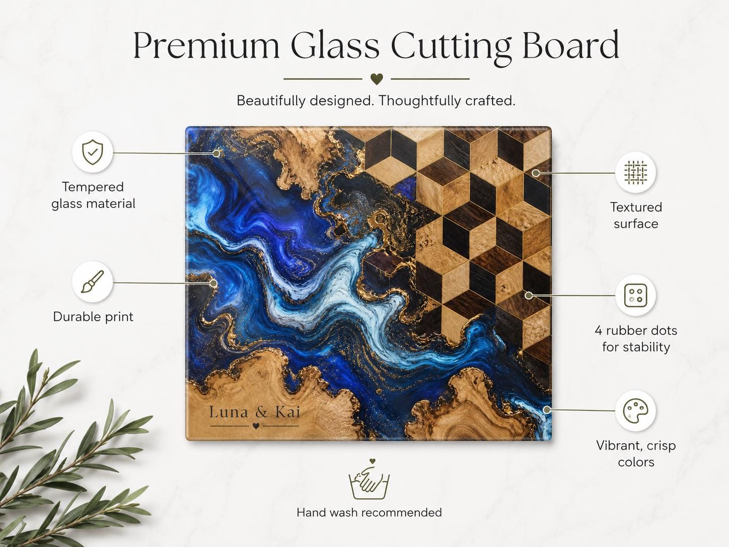 Personalized Glass Cutting Board, Blue Resin & Wood Design (8x11 or 11x15)