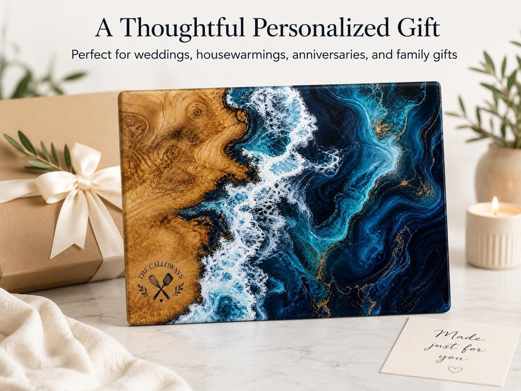 Personalized Glass Cutting Board: Purple Geode Design with Names