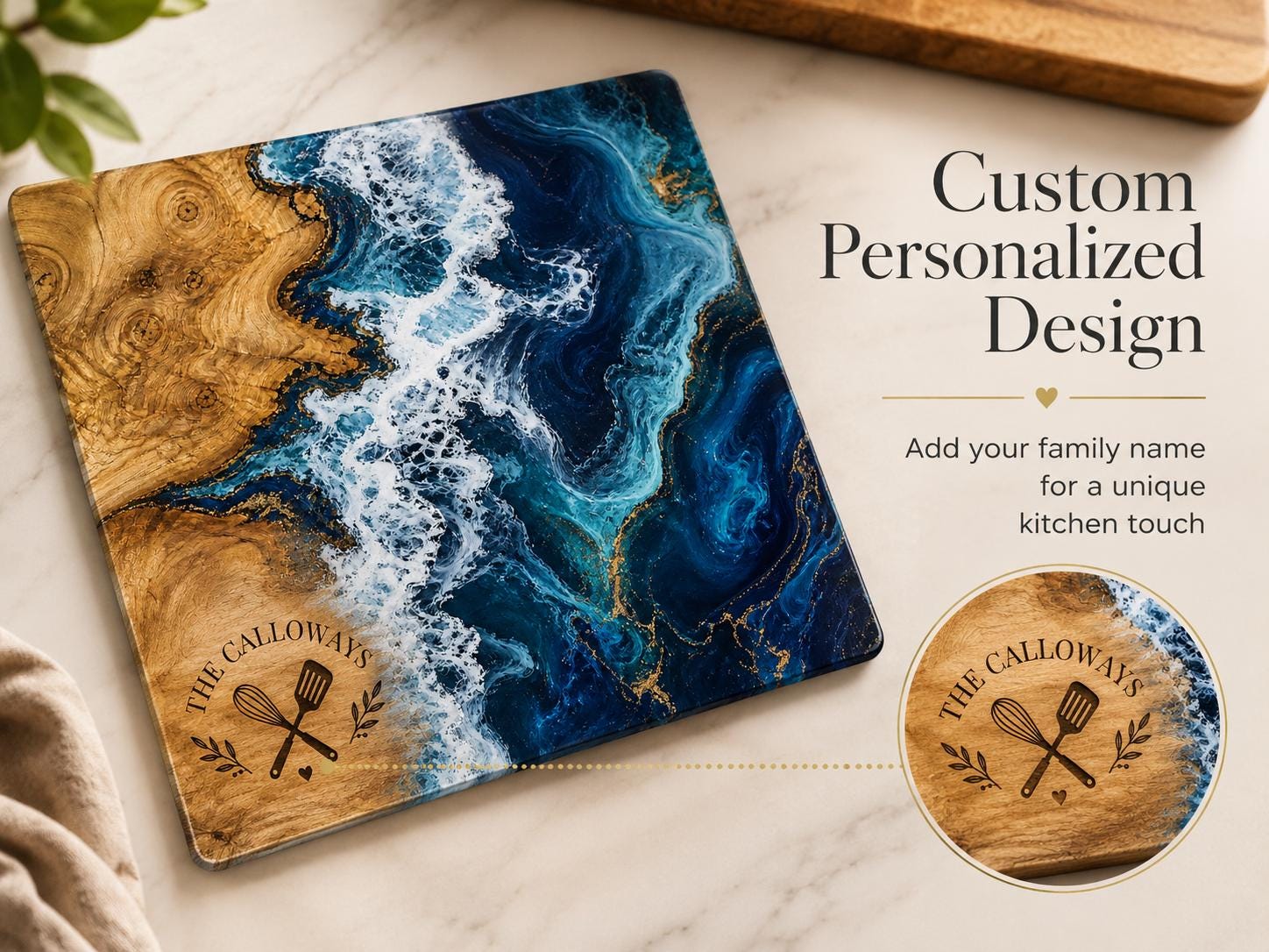 Personalized Glass Cutting Board: Purple Geode Design with Names