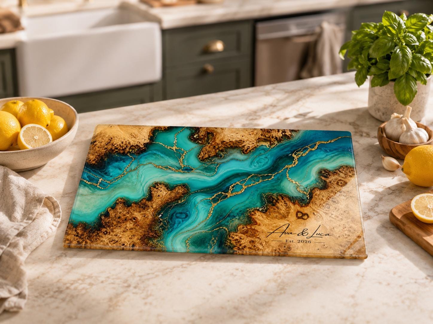 Custom Serving Board, Teal Gold Charcuterie Board, Personalized Kitchen Gift for Couple