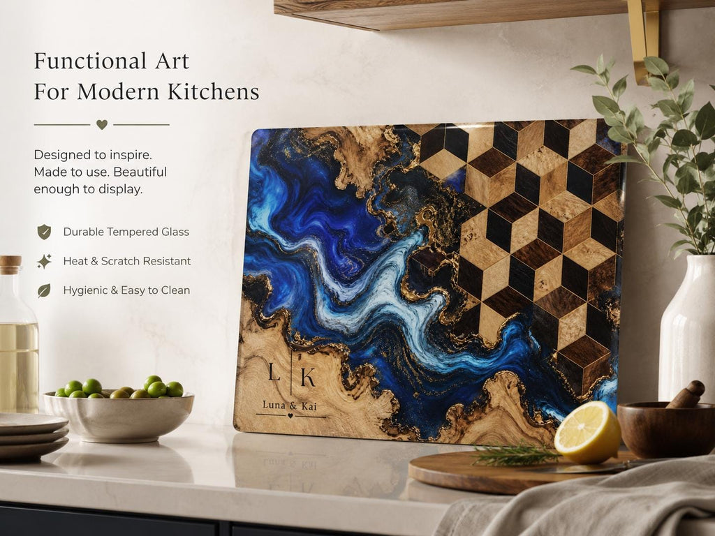 Personalized Glass Cutting Board, Blue Resin & Wood Design (8x11 or 11x15)