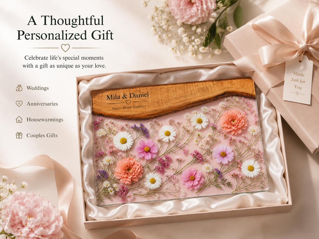 Personalized Floral Charcuterie Board, Pink Glass Serving Board, Custom Couple Cheese Board Gift