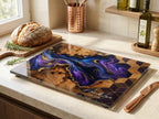 Personalized Glass Chopping Board, Blue Purple Resin River Look, Custom Family Name Kitchen Gift