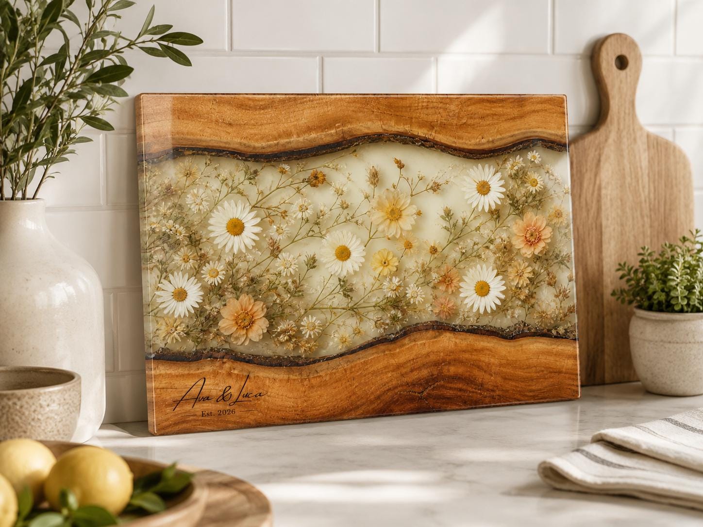 Personalized Floral Cutting Board, Neutral Daisy Glass Board, Custom Wedding Kitchen Gift