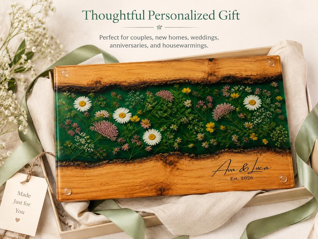 Custom Glass Cutting Board: Blue Resin Style - Personalized Names Included