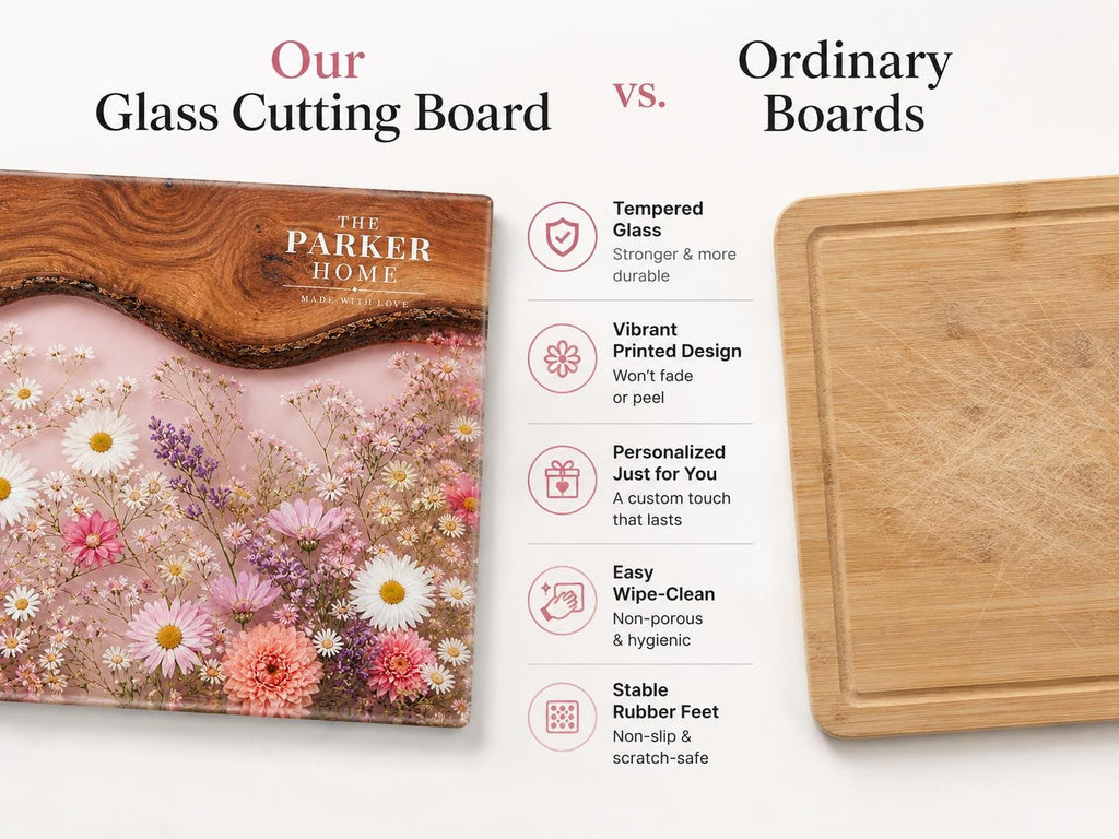 Personalized Glass Cutting Board: Purple Geode Design with Names