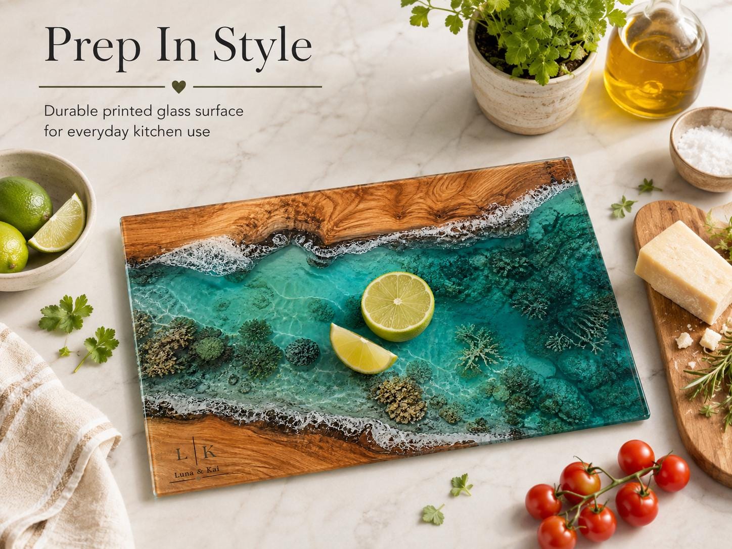 Personalized Glass Cutting Board: Blue Resin Look, Custom Names