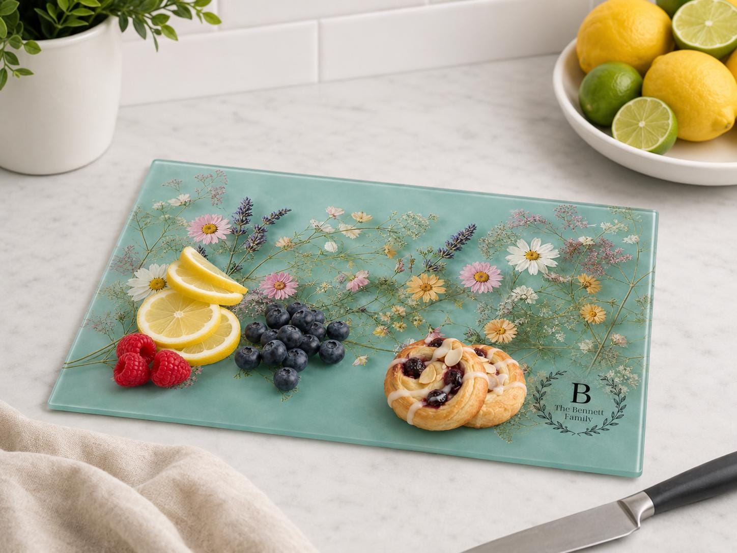 Personalized Glass Cutting Board: Blue Resin Look with Gold Accents