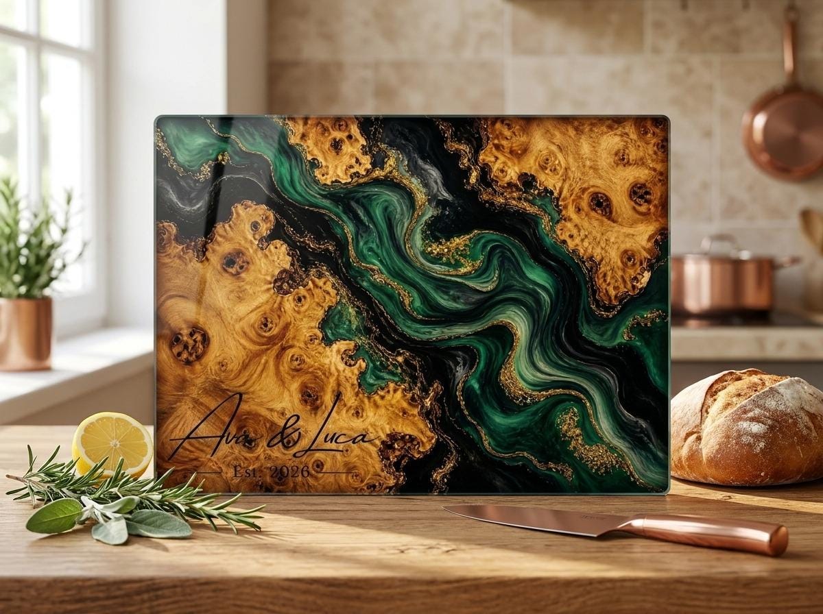 Personalized Green Geode Glass Cutting Board, Custom Couple Name Serving Tray