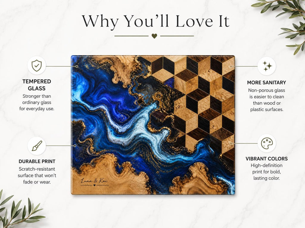 Personalized Glass Cutting Board, Blue Resin & Wood Design (8x11 or 11x15)