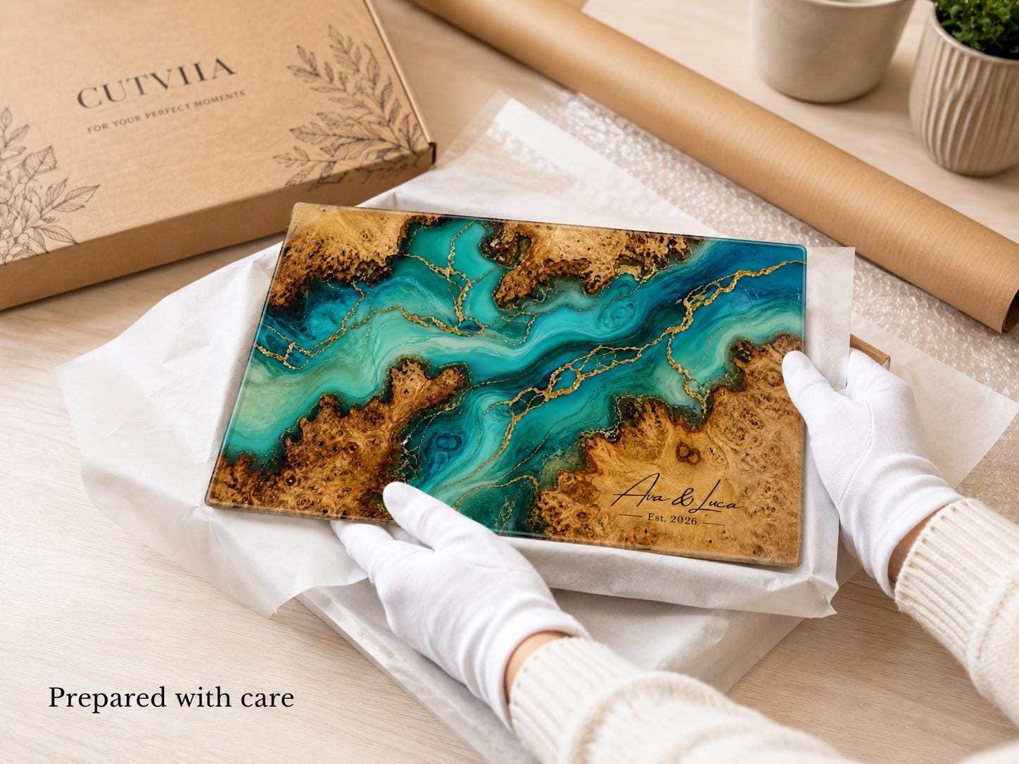 Custom Serving Board, Teal Gold Charcuterie Board, Personalized Kitchen Gift for Couple