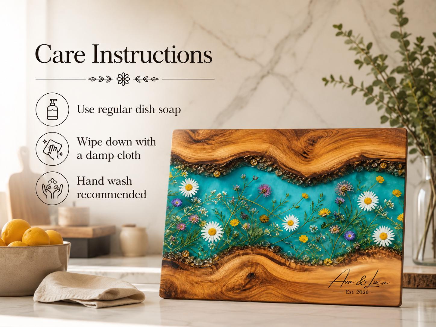 Personalized Turquoise Floral Glass Board, Custom Couple Cutting Board, Wildflower Kitchen Gift