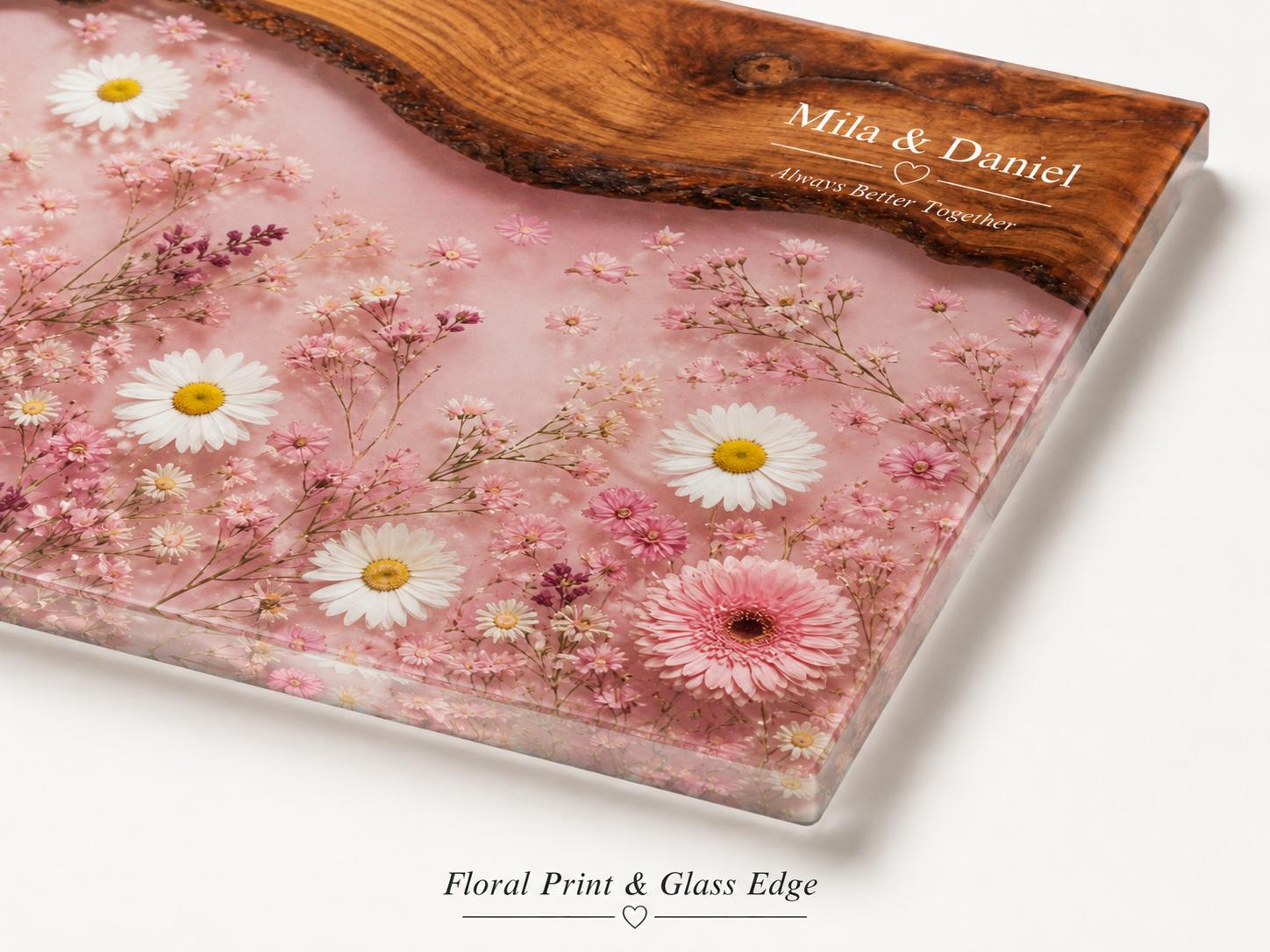 Personalized Pink Daisy Serving Board, Floral Glass Charcuterie Board, Custom Couple Wedding Gift