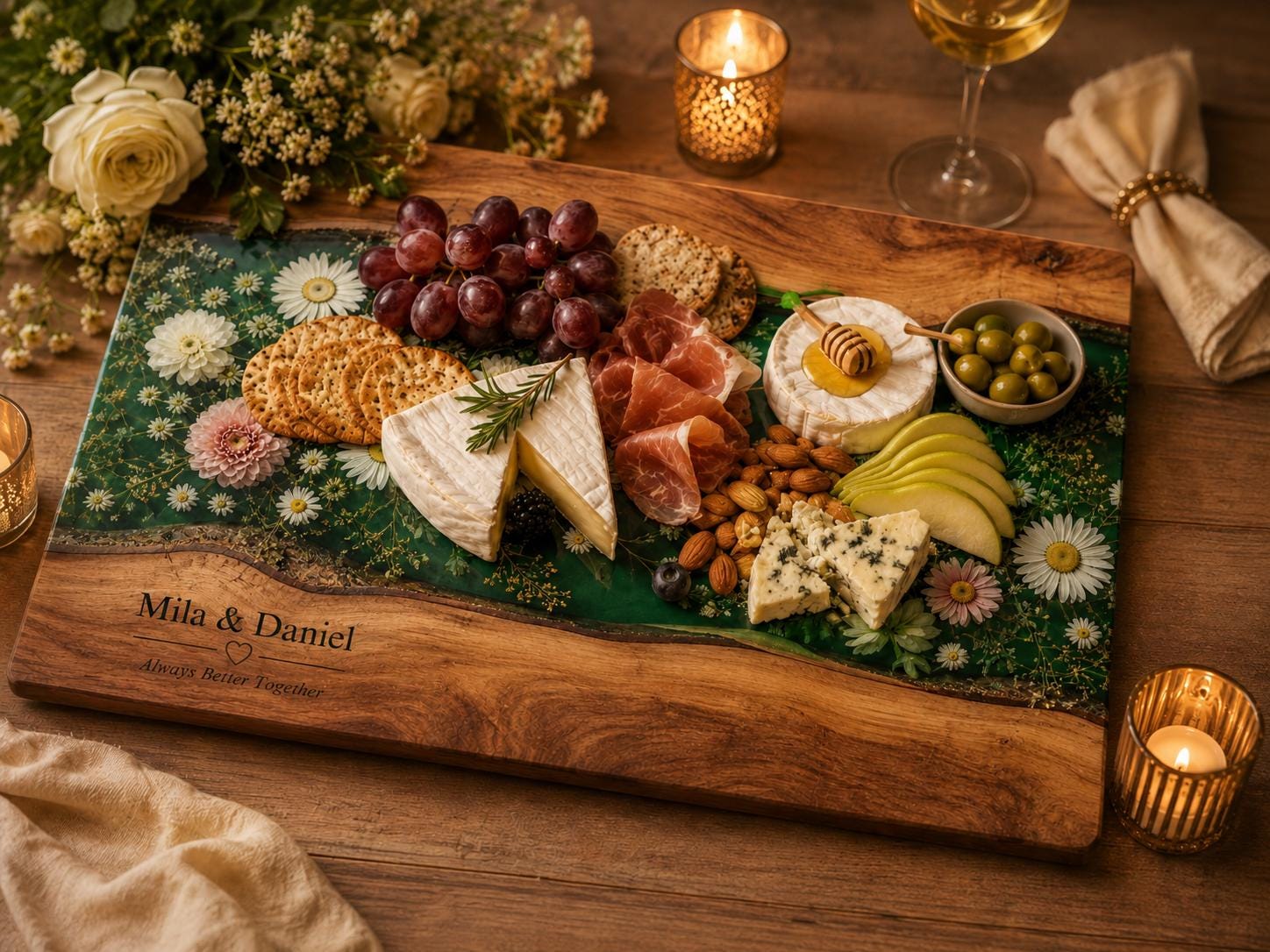 Personalized Floral Cutting Board, Green Daisy Glass Board, Custom Couple Kitchen Gift