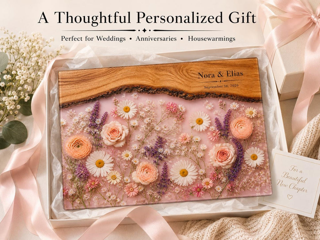 Glass Cutting Board - Purple Geode Design with Custom Couple Names