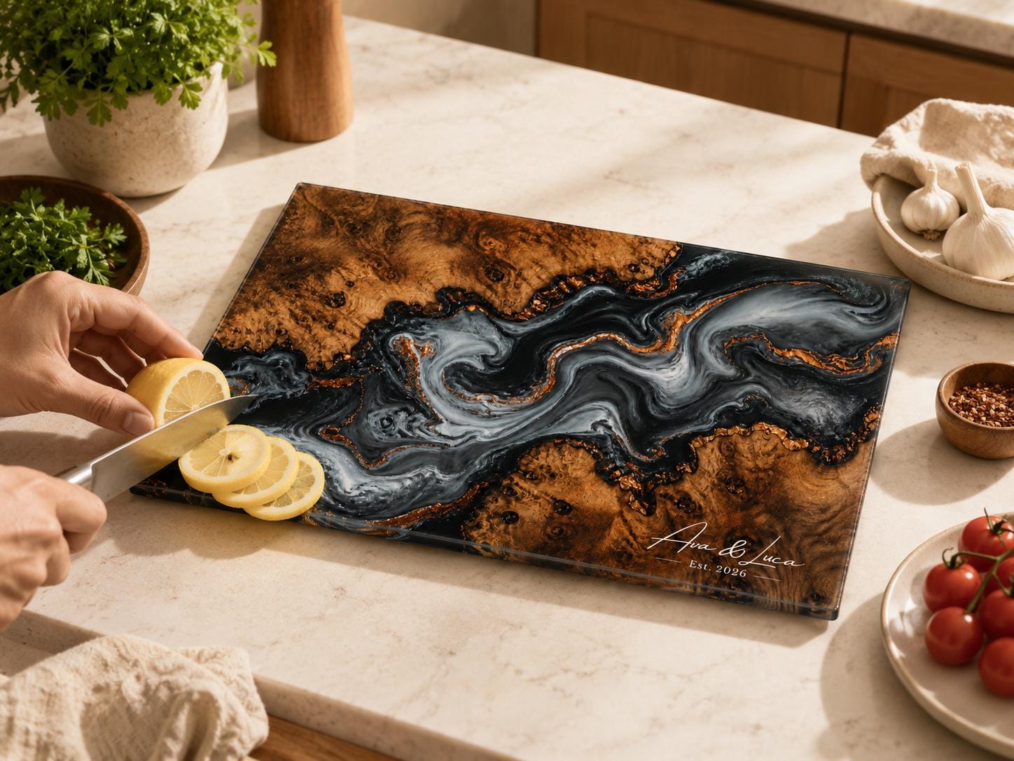 Personalized Chopping Board, Black Marble Glass Cutting Board, Custom Kitchen Gift