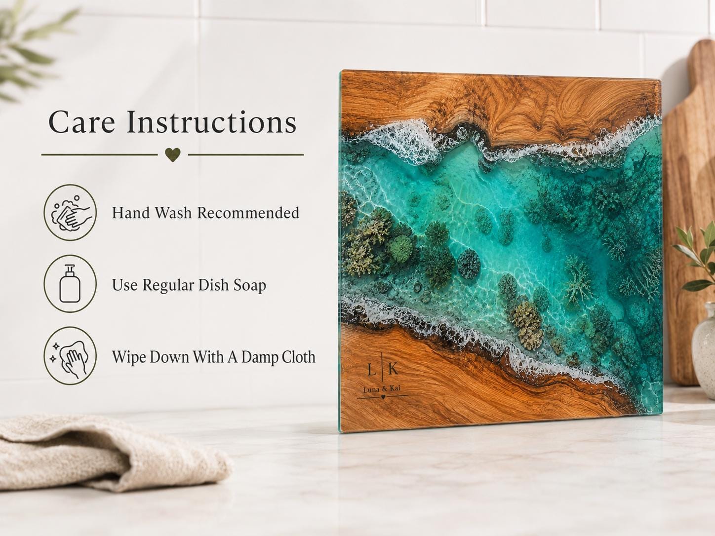 Personalized Glass Cutting Board: Blue Resin Look, Custom Names