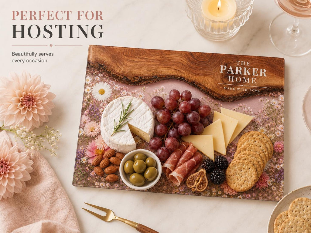Personalized Glass Cutting Board: Purple Geode Design with Names
