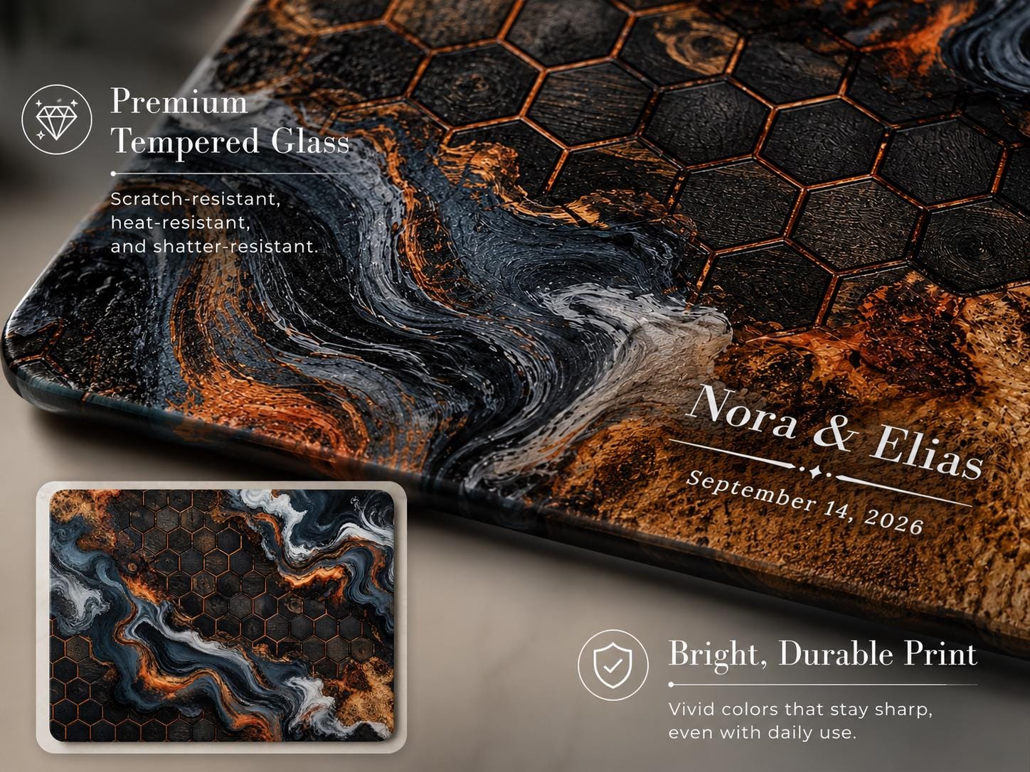 Custom Glass Cutting Board - Blue Resin Style with Gold Detail