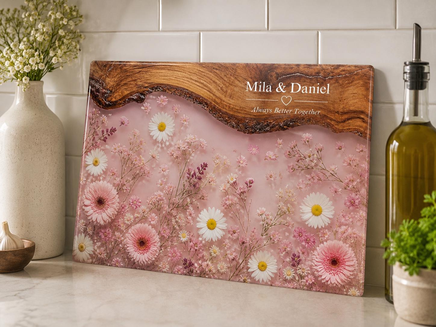Personalized Pink Daisy Serving Board, Floral Glass Charcuterie Board, Custom Couple Wedding Gift